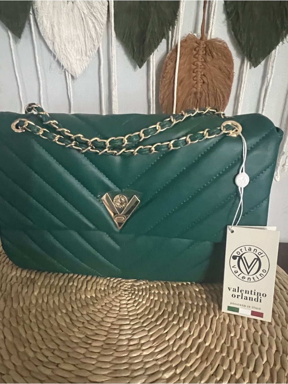 Valentino Orlandi Emerald Green Quilted Chain Shoulder Bag